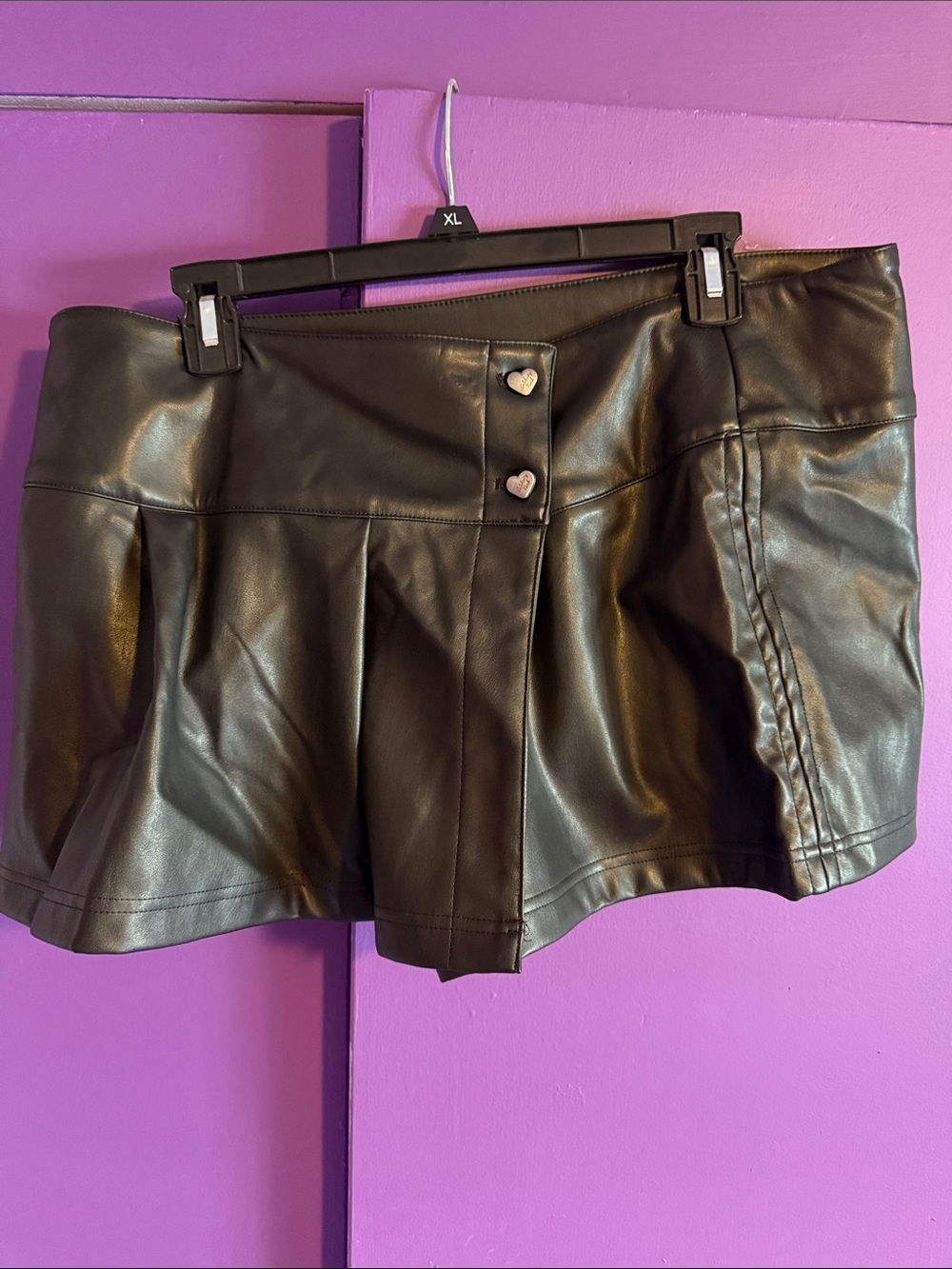 Black Faux Leather Skort with Heart Buttons